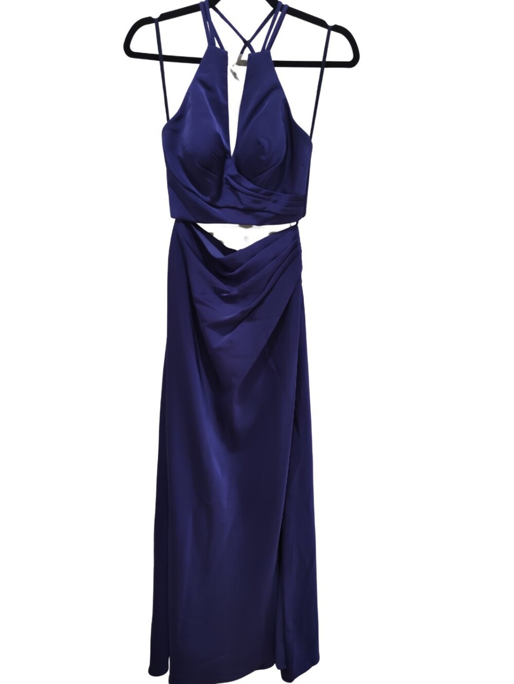 La Femme Elegant Deep Blue Two-Piece Satin Evening Dress